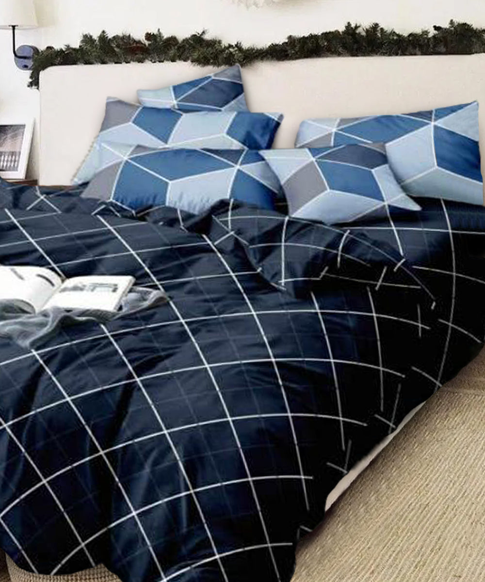 Navyblue Rhombus Double Bedsheet with 2 Pillow Covers