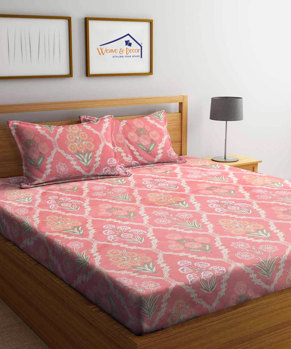 Pink Floral King Size Bedsheet With 2 Pillow Covers
