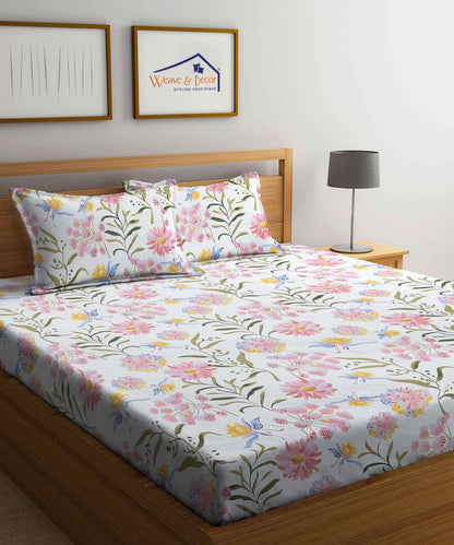 White Floral King Size Bedsheet With 2 Pillow Covers