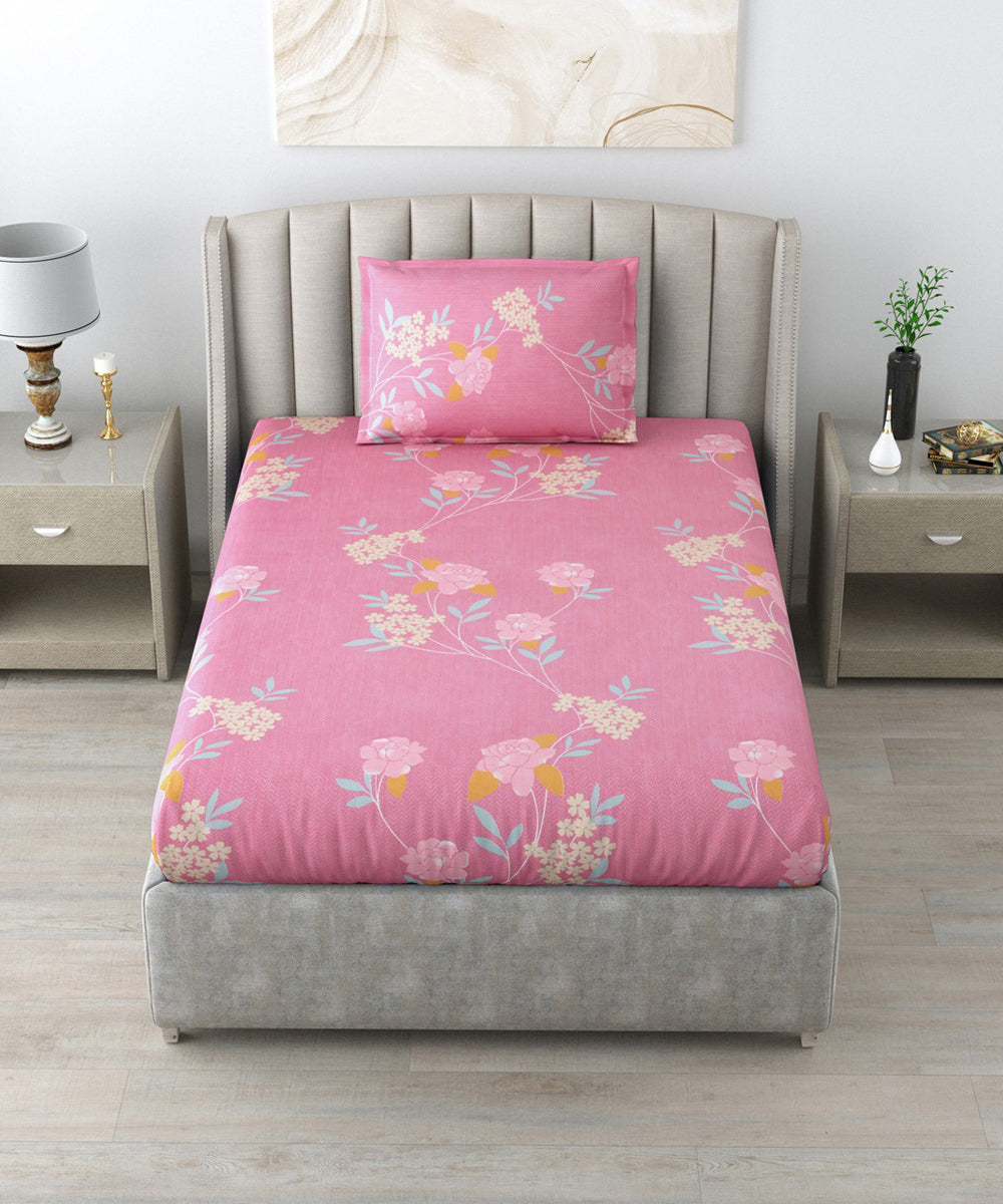 Pink Floral Single Fitted Bedsheet With 1 Pillow Cover