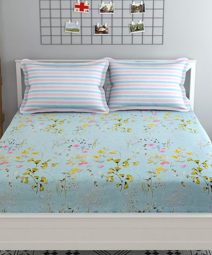 Sky Floral King Size Bedsheet With 2 Pillow Covers