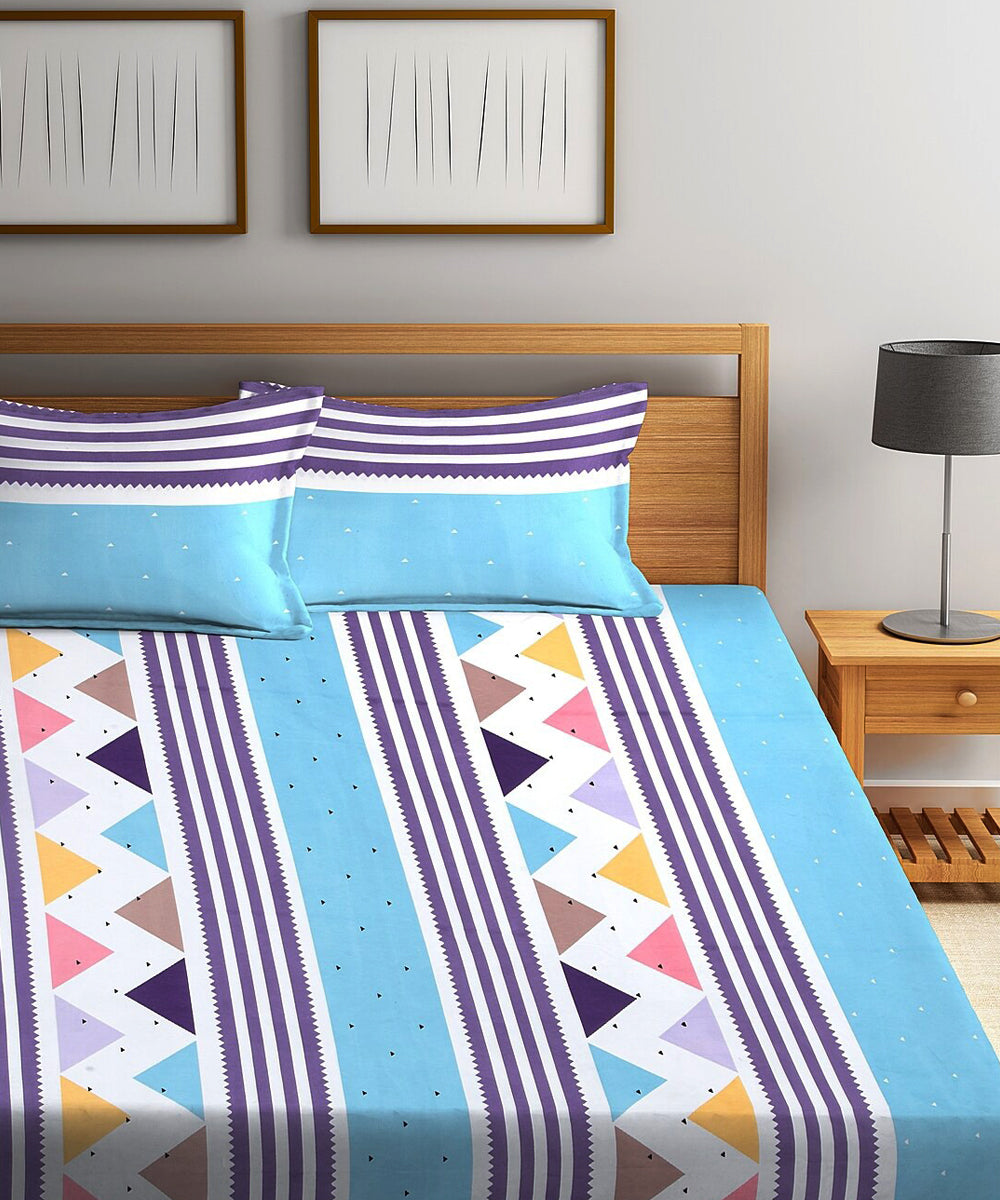 Blue Geometric Queen Fitted Bedsheet With 2 Pillow Covers