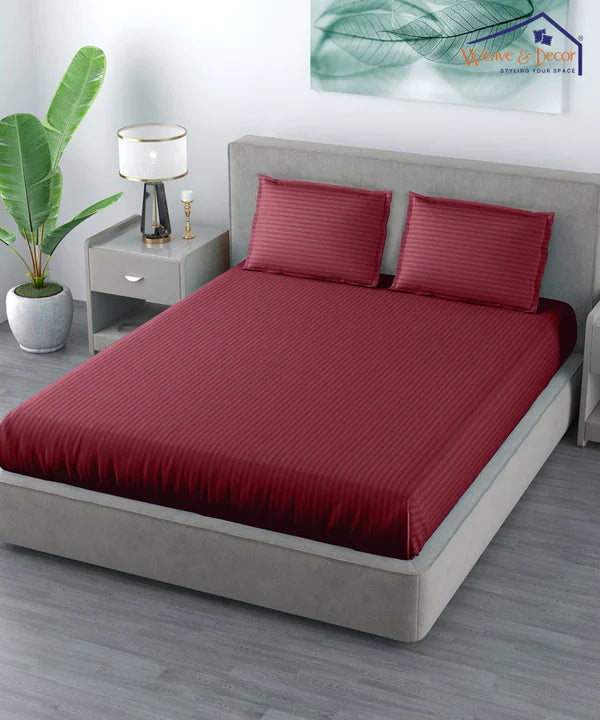 Maroon Satin Stripe Bedsheet with Pillow Cover