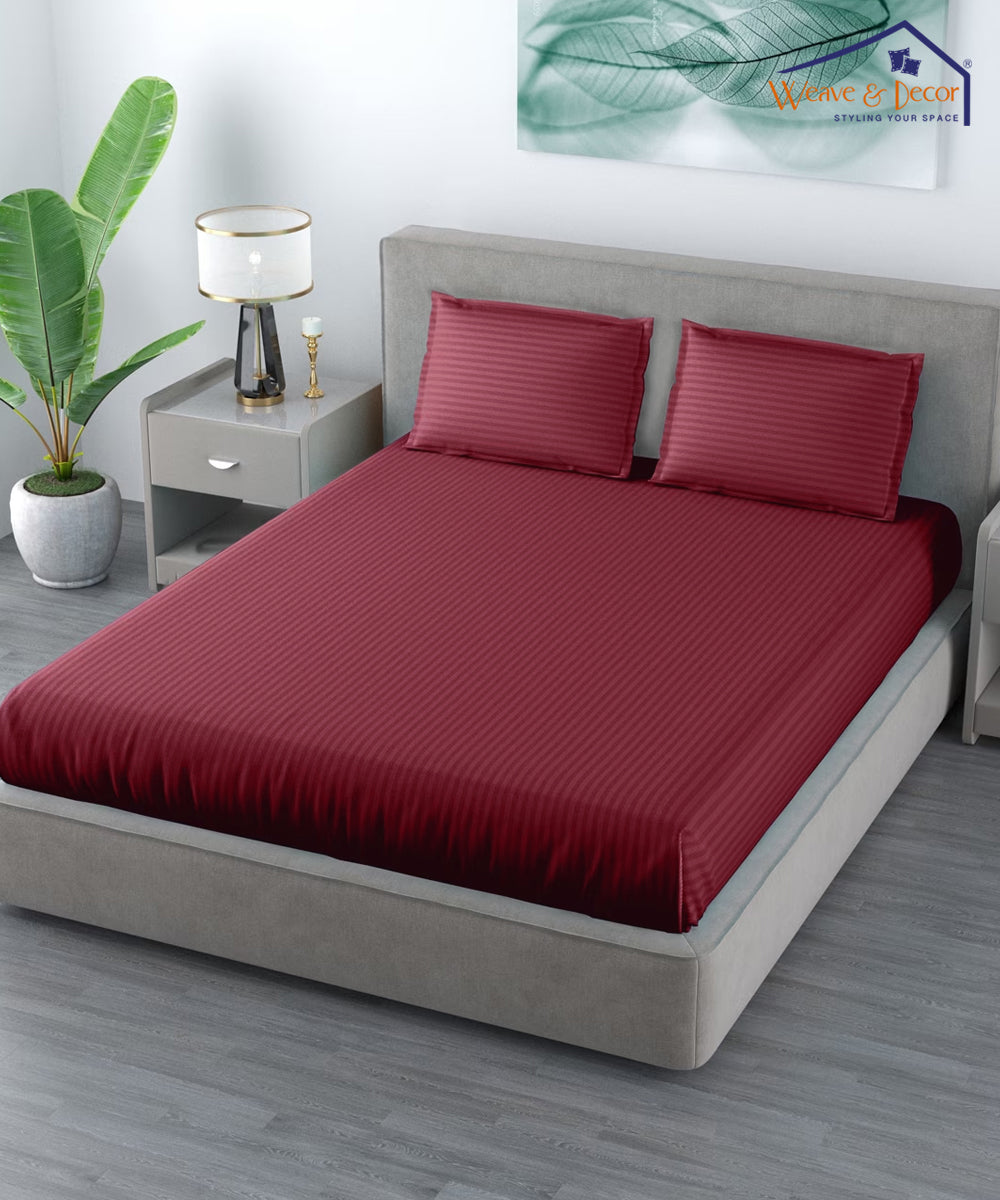 Maroon Satin Stripe Flat Double Bedsheet With 2 Pillow Covers