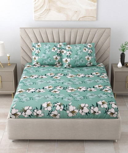 Green Floral Queen Fitted Bedsheet With 2 Pillow Covers
