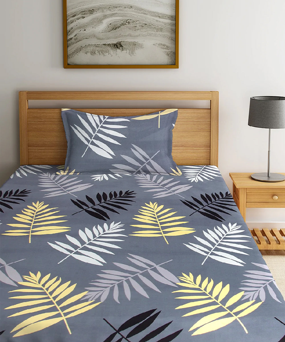 Grey Floral Single Bedsheet With 1 Pillow Cover