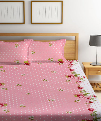 Pink & White Floral Super King Fitted Bedsheet With 2 Pillow Covers