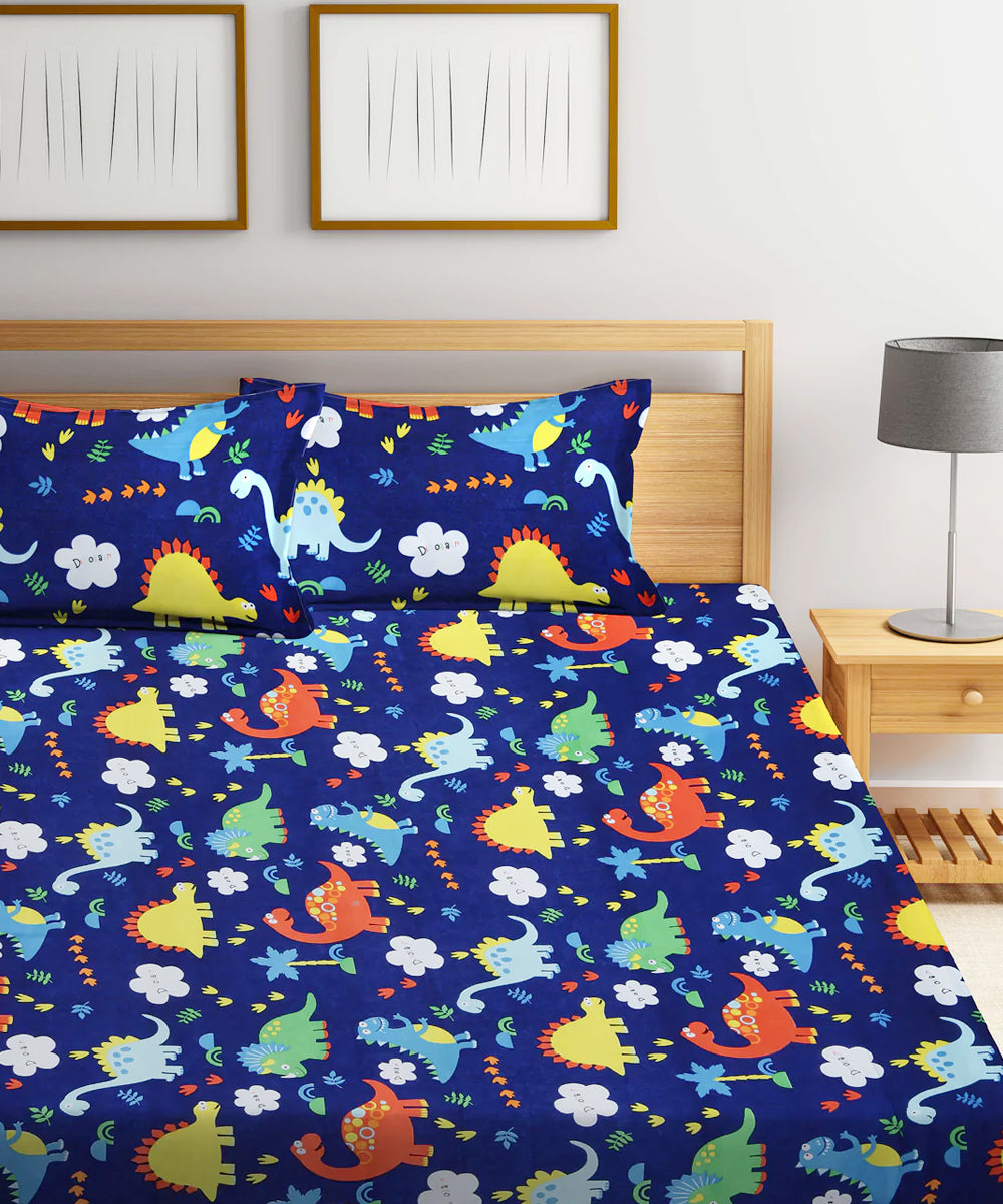 Blue Dinasaur Kids Queen Fitted Bedsheet With 2 Pillow Covers
