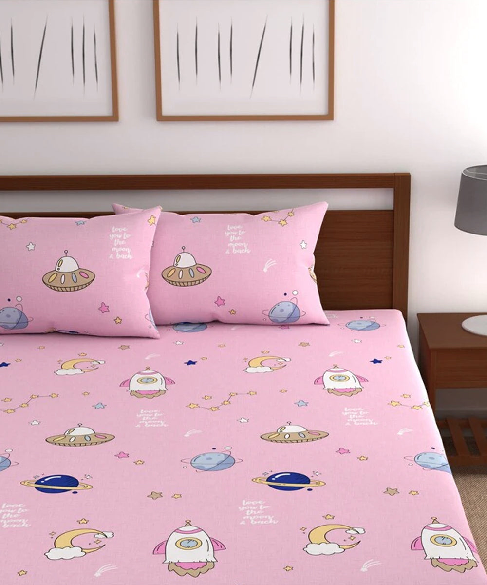 Pink Kids Double Bedsheet With 2 Pillow Covers