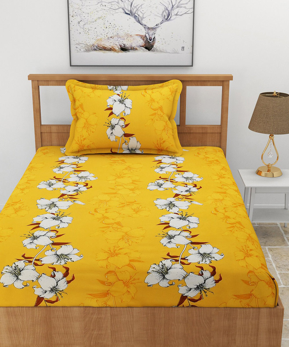 Mustard Floral Single Fitted Bedsheet With 1 Pillow Cover