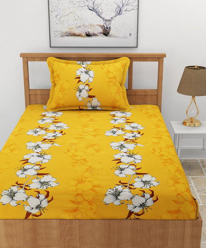 Mustard Floral Single Fitted Bedsheet With 1 Pillow Cover
