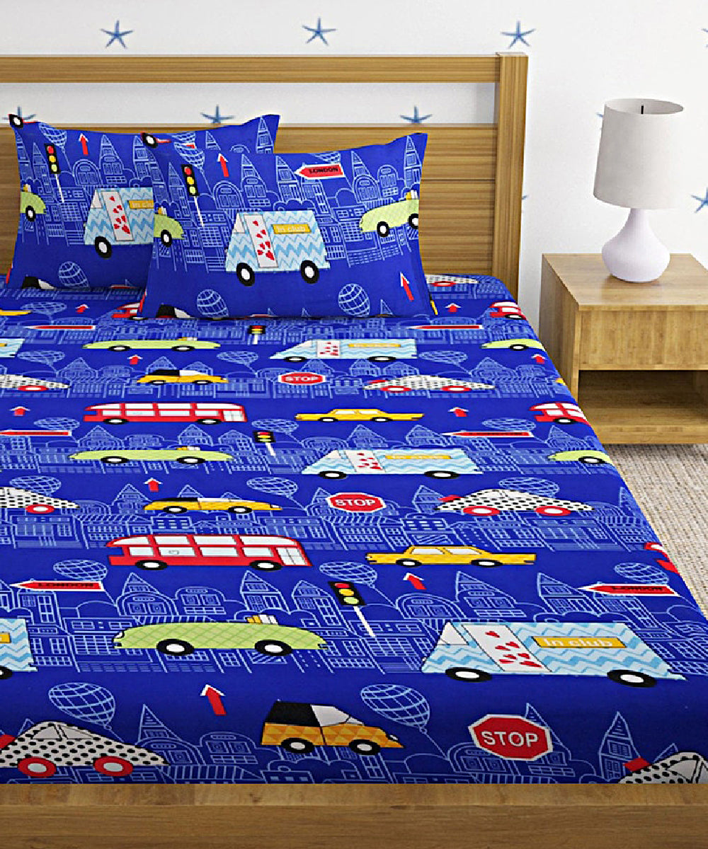 Toy Car Kids Queen Fitted Bedsheet With 2 Pillow Covers