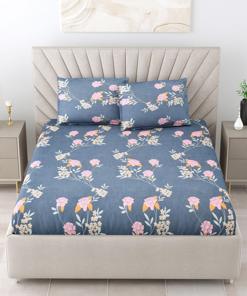 Blue Floral Queen Fitted Bedsheet With 2 Pillow Covers