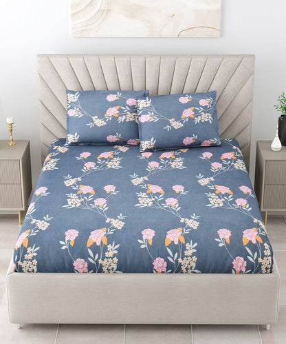 Blue Floral Queen Fitted Bedsheet With 2 Pillow Covers