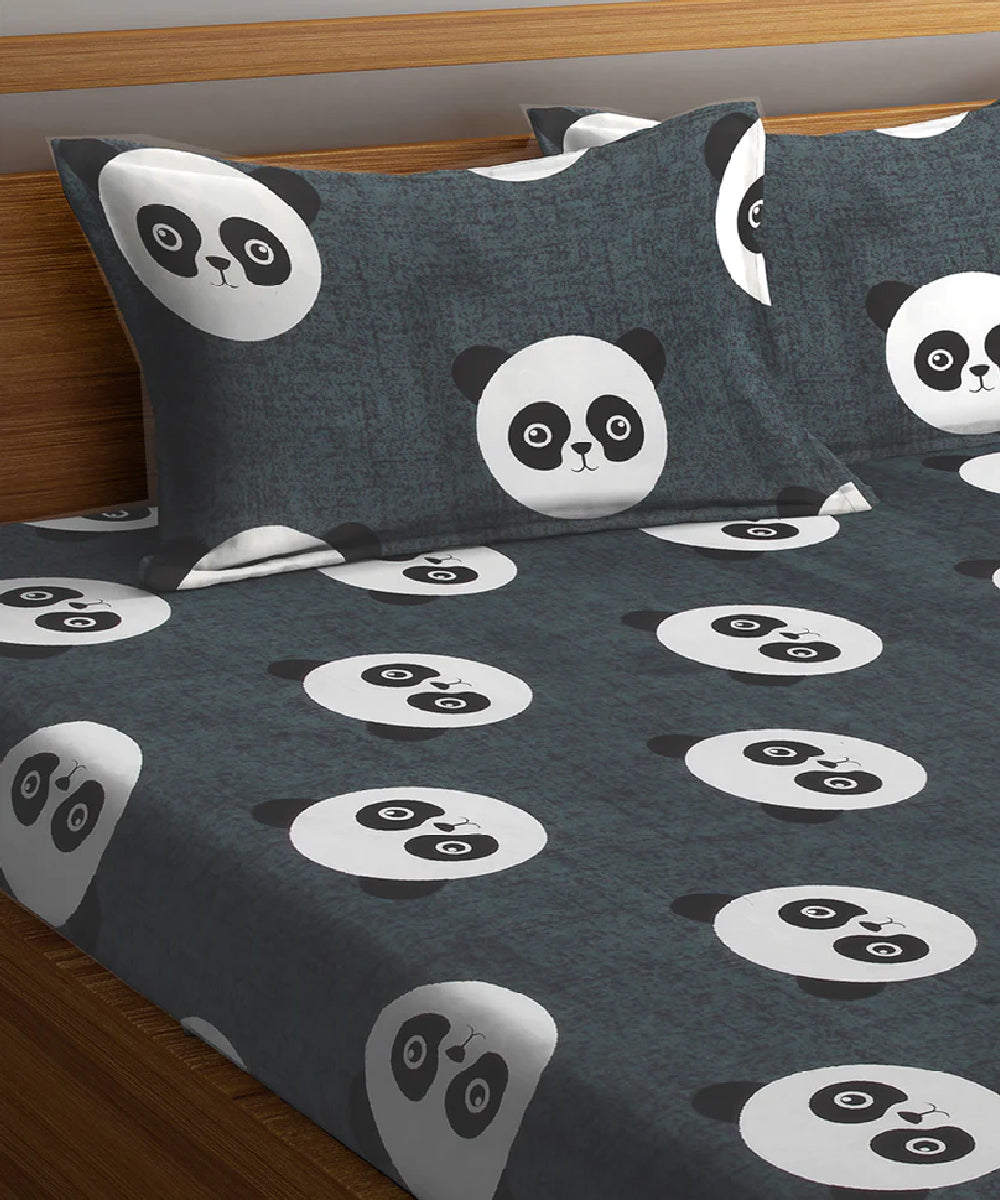 Grey Pandas Double Bedsheet With 2 Pillow Cover