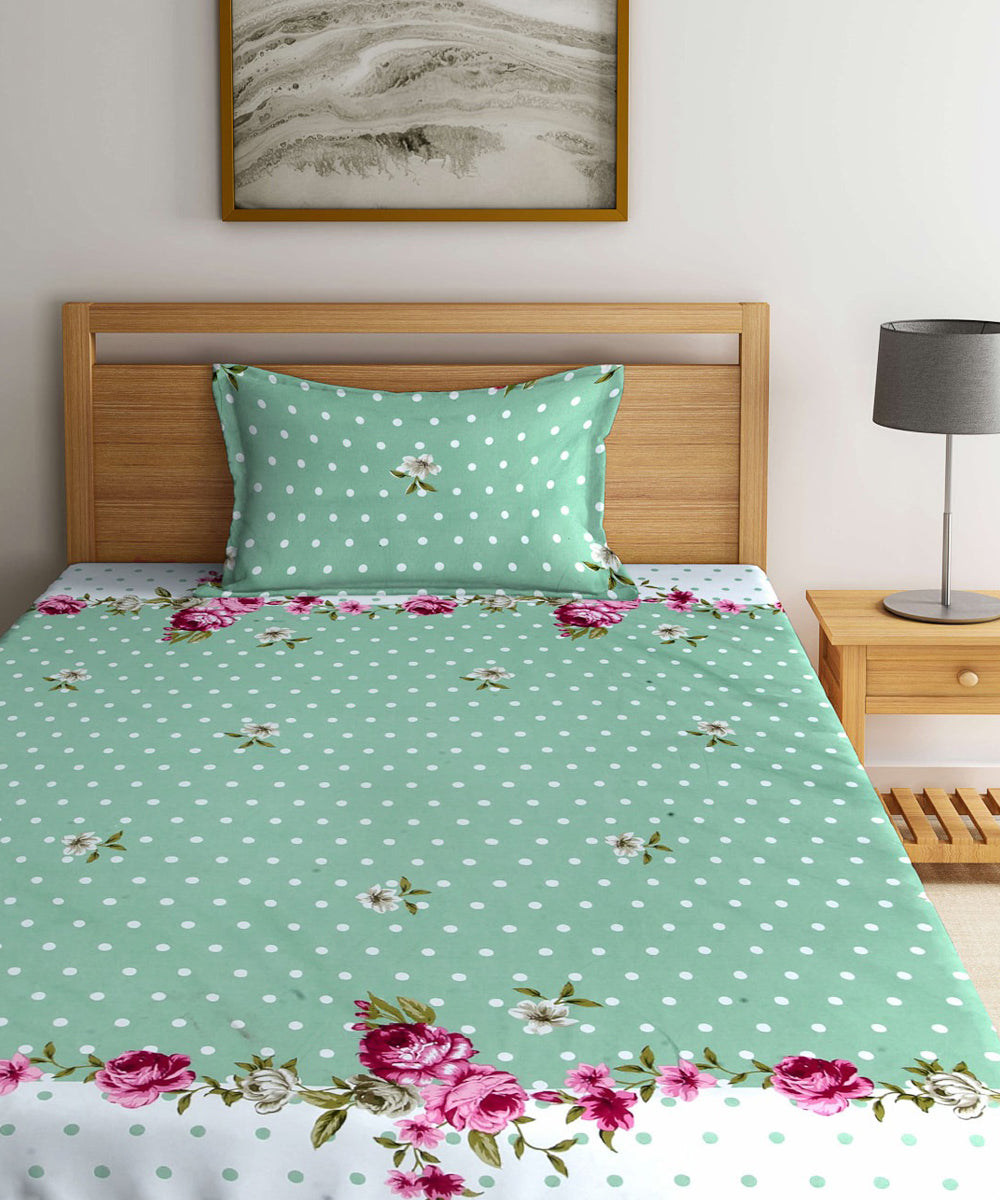 Green & White Single Fitted Bedsheet With 1 Pillow Cover