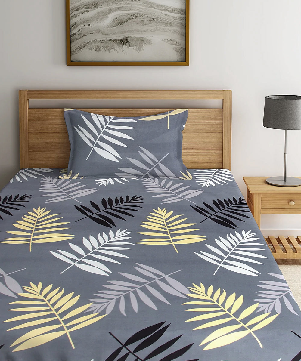 Grey Floral Single Fitted Bedsheet With 1 Pillow Cover
