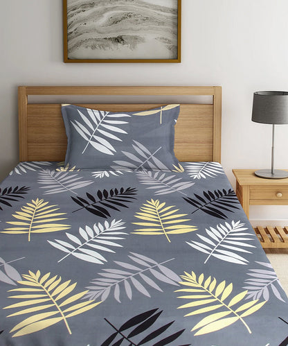 Grey Floral Single Fitted Bedsheet With 1 Pillow Cover