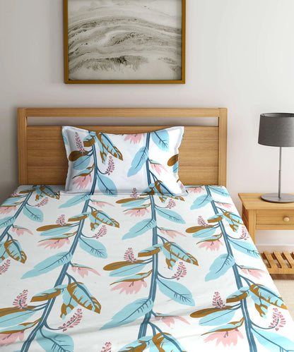 Green and Beige Floral Single Bedsheet With 1 Pillow Cover