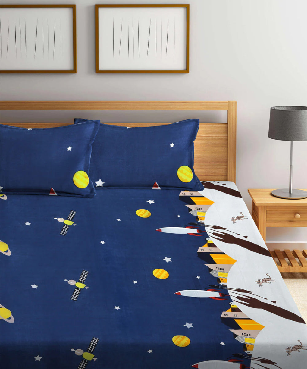 Space Printed Super King Fitted Bedsheet With 2 Pillow Covers