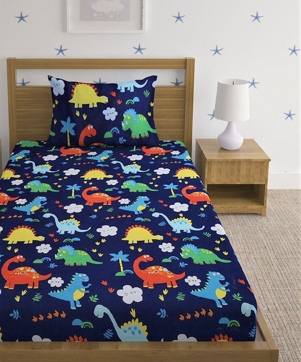 Blue Dinasaur Kids Single Fitted Bedsheet With 1 Pillow Cover