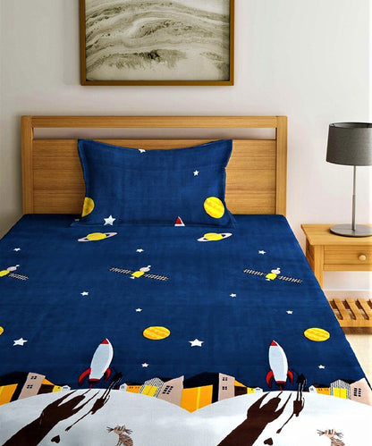 Space Printed Single Fitted Bedsheet With 1 Pillow Cover
