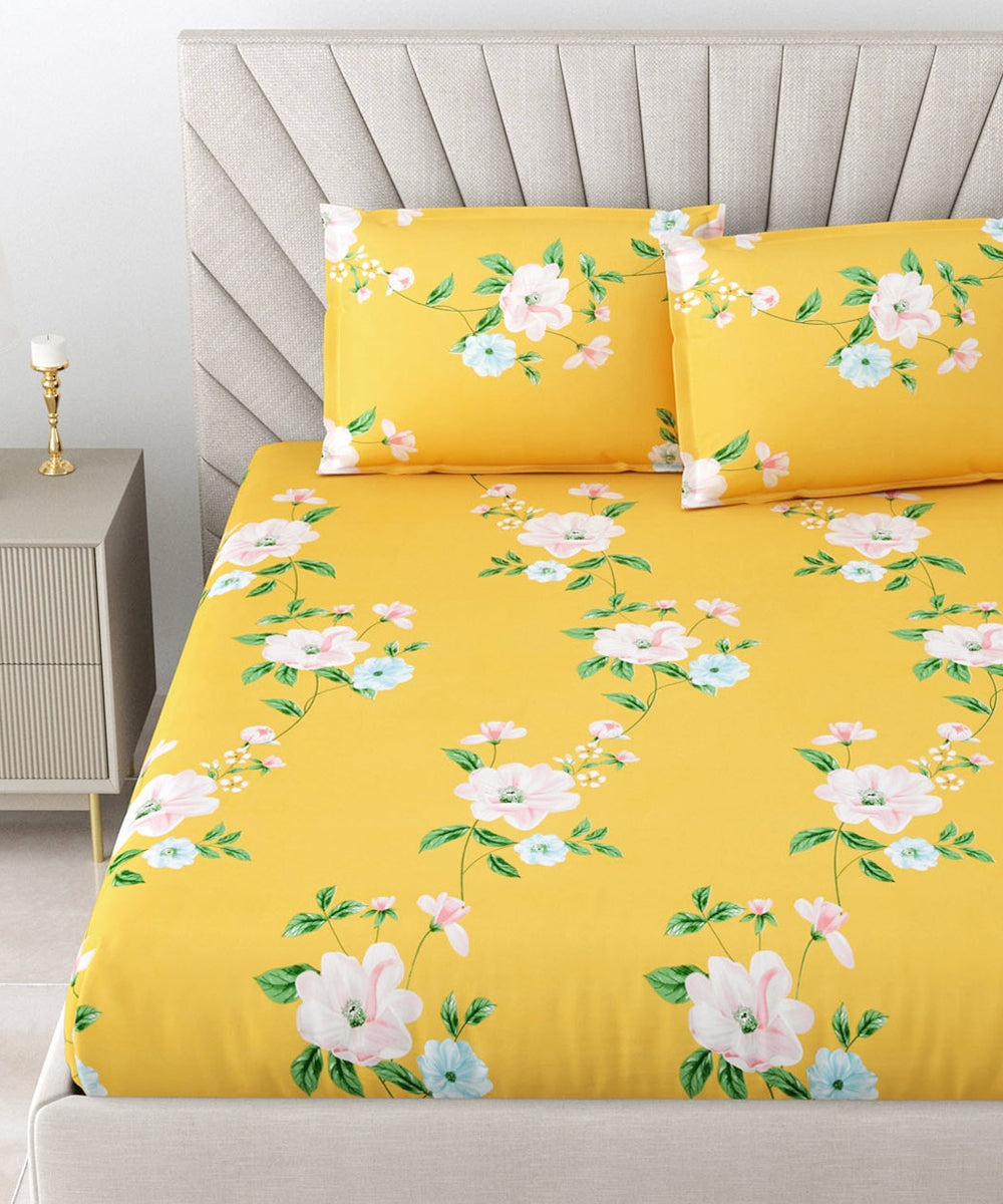 Yellow Floral King Fitted Bedsheet With 2 Pillow Covers