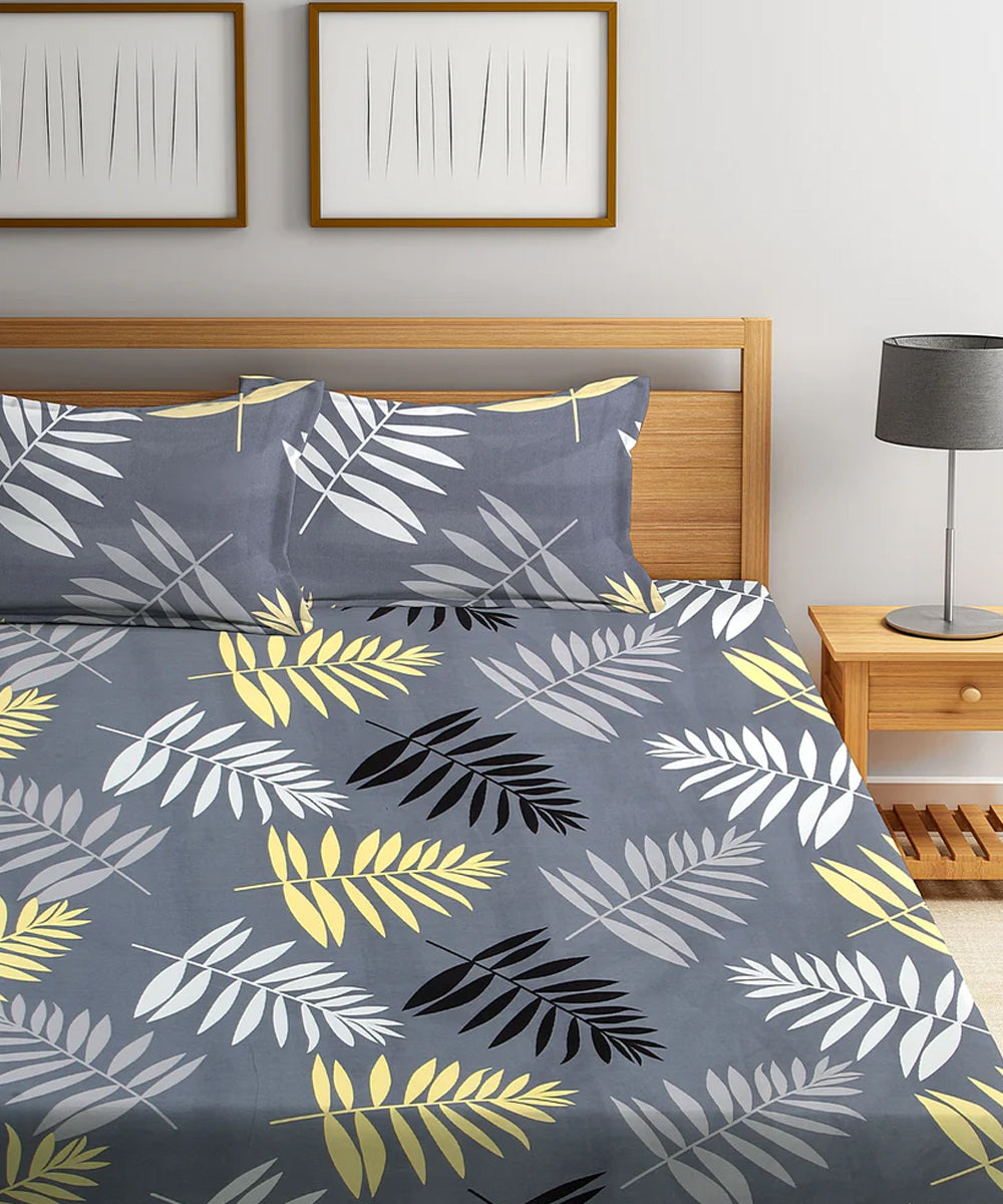 Grey Floral Queen Fitted Bedsheet With 2 Pillow Covers