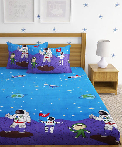 Space Printed Kids King Fitted Bedsheet With 2 Pillow Covers
