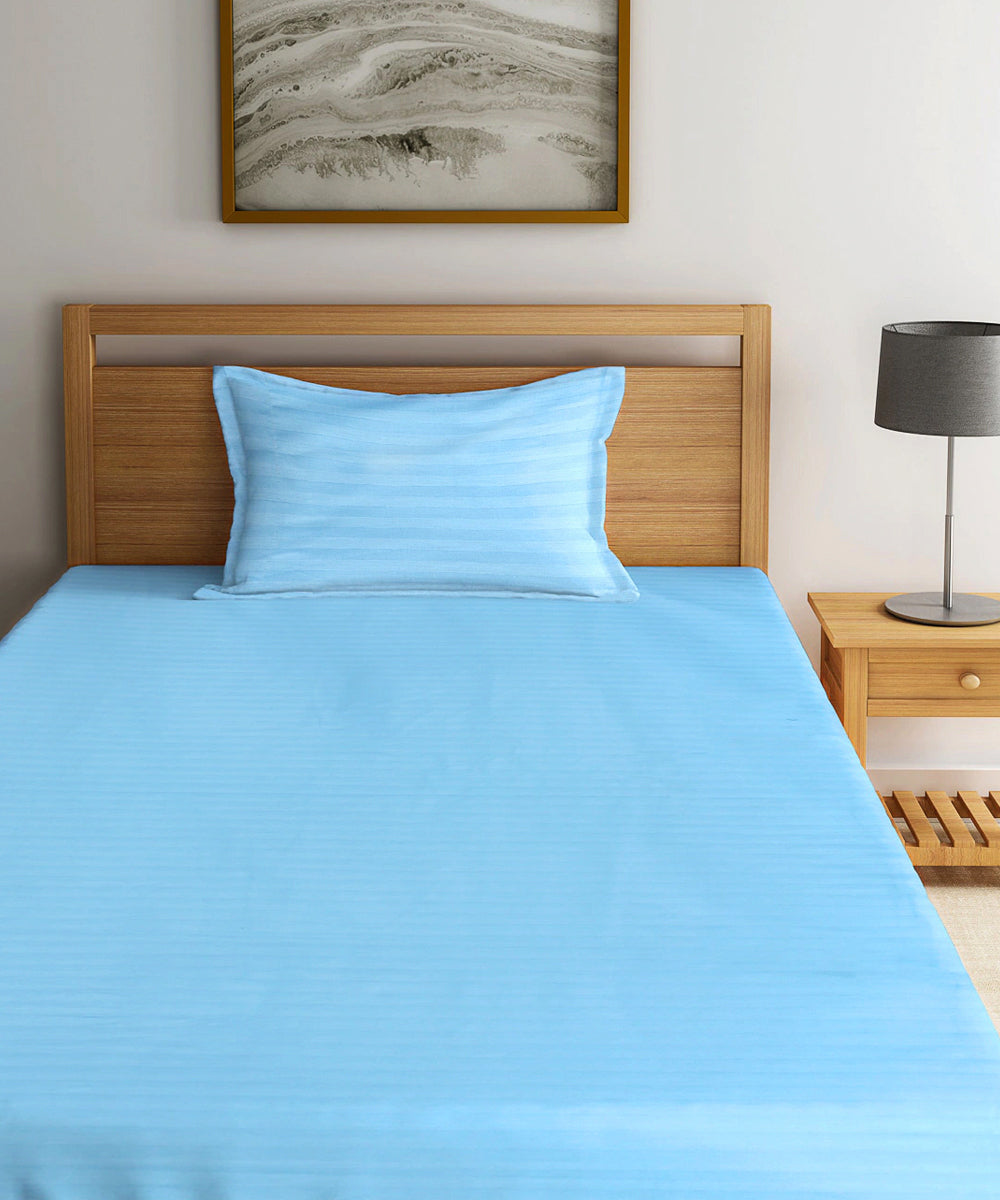 Sky Satin Stripe Single Bedsheet With 1 Pillow Cover