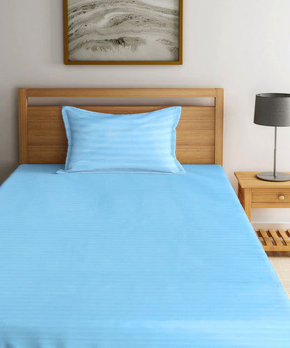 Sky Satin Stripe Single Bedsheet With 1 Pillow Cover