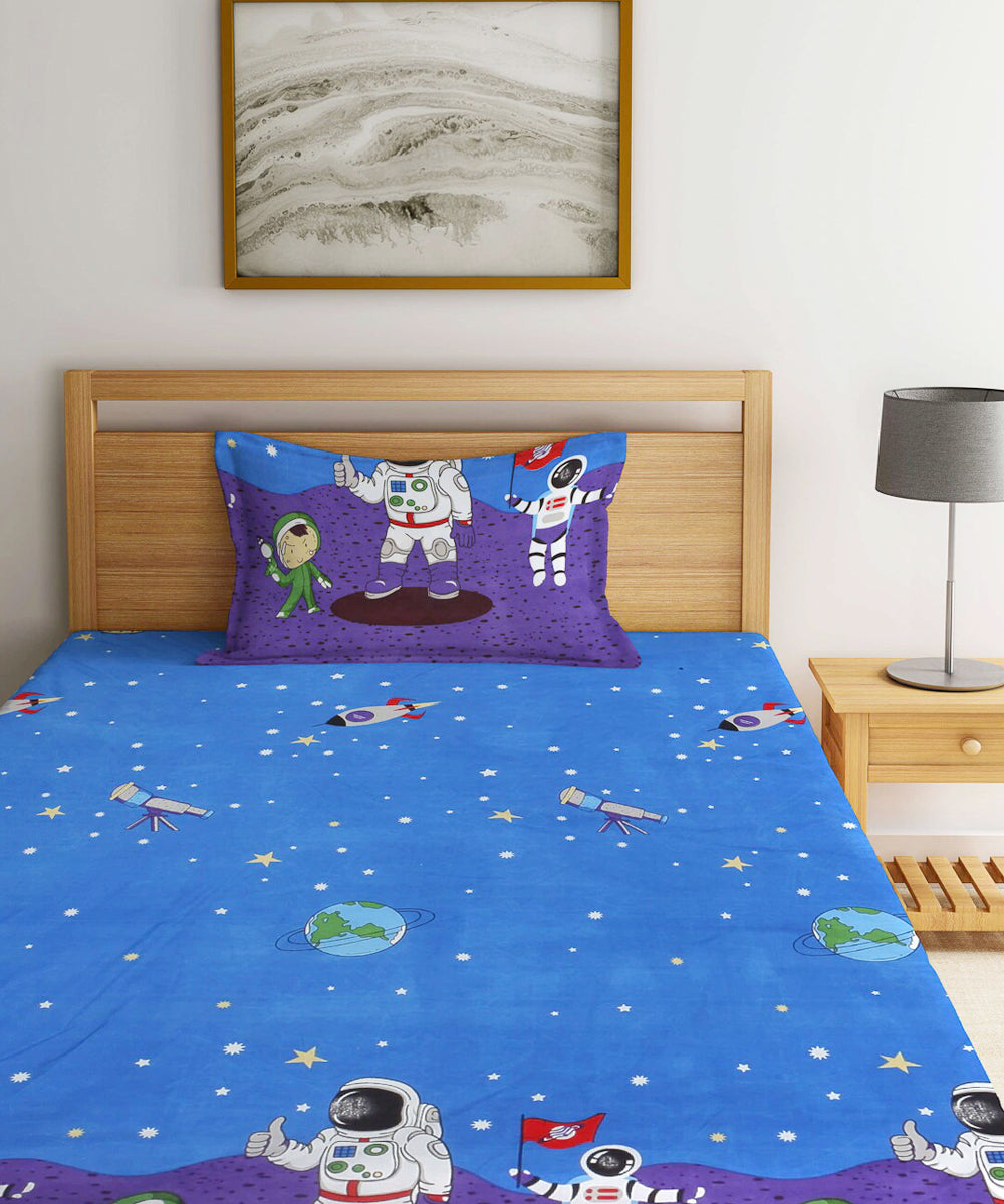 Space Printed Kids Single Fitted Bedsheet With 1 Pillow Cover
