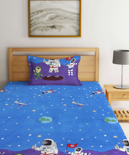 Space Printed Kids Single Fitted Bedsheet With 1 Pillow Cover