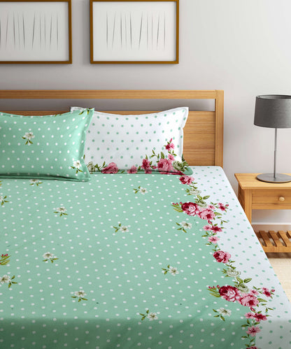 Green & White Floral Bedsheet With 2 Pillow Cover