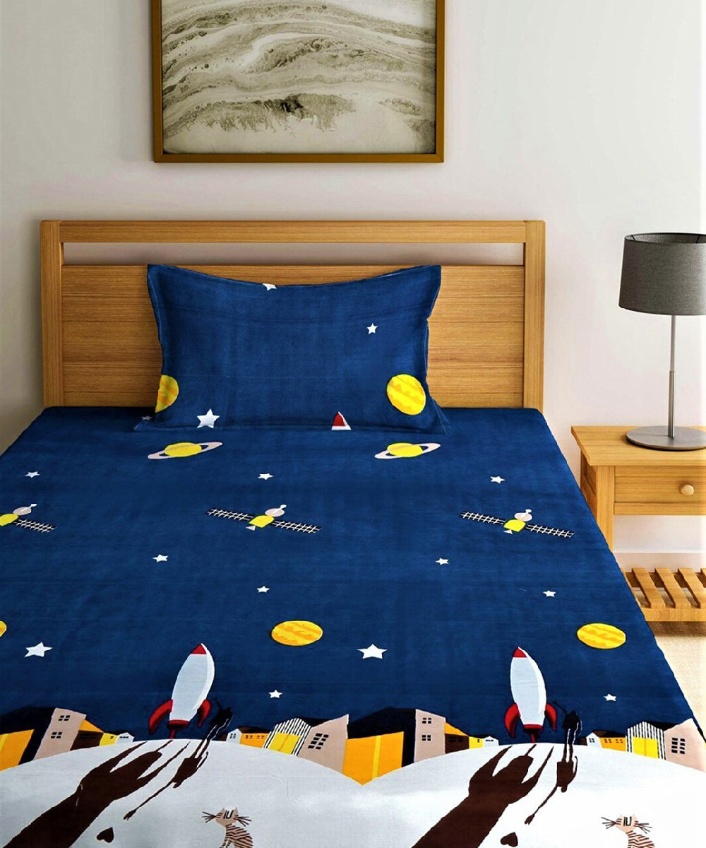 Space Printed Kids Single Bedsheet with 1 Pillow Cover
