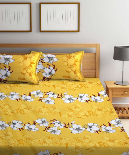Mustard Floral King Fitted Bedsheet With 2 Pillow Covers
