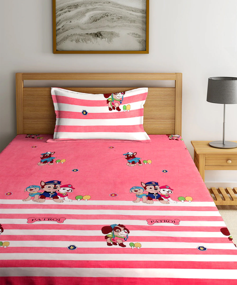 Paw Patrol Peach Single Bedsheet With 1 Pillow Cover
