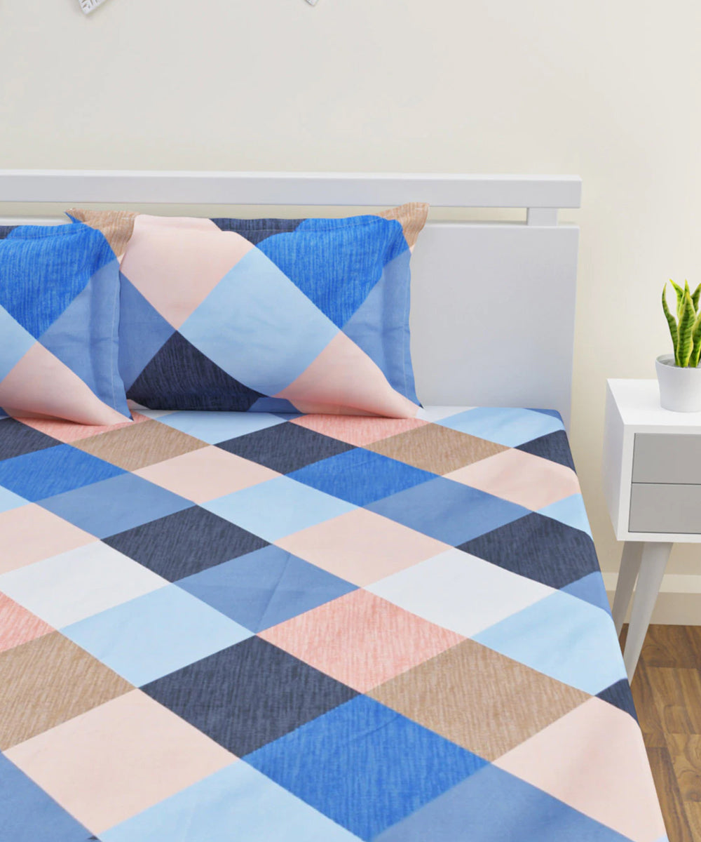Multi Color Checks King Size Bedsheet With 2 Pillow Cover