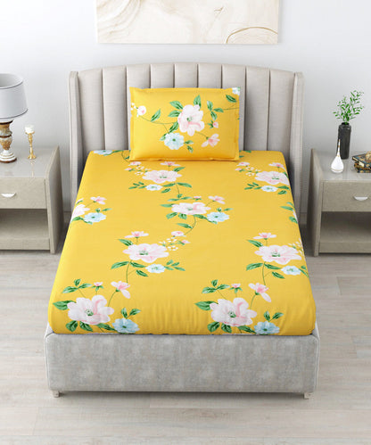 Yellow Floral Single Bedsheet With 1 Pillow Cover