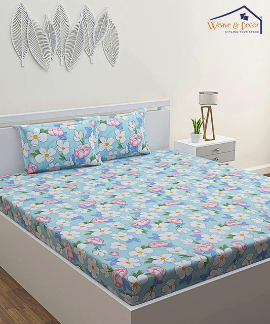 Green Floral King Size Bedsheet With 2 Pillow Covers