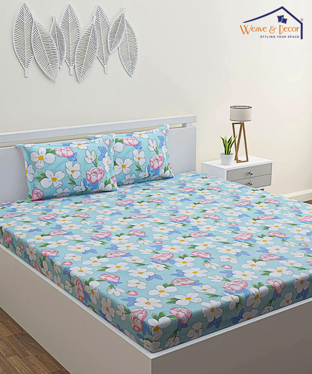 Green Floral Double Bedsheet With 2 Pillow Covers