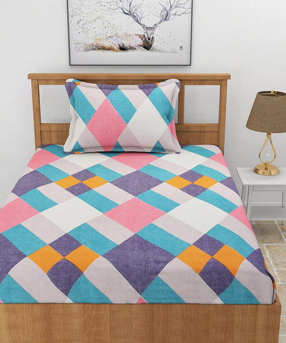 Multicoloured Squares Single Fitted Bedsheet With 1 Pillow Cover