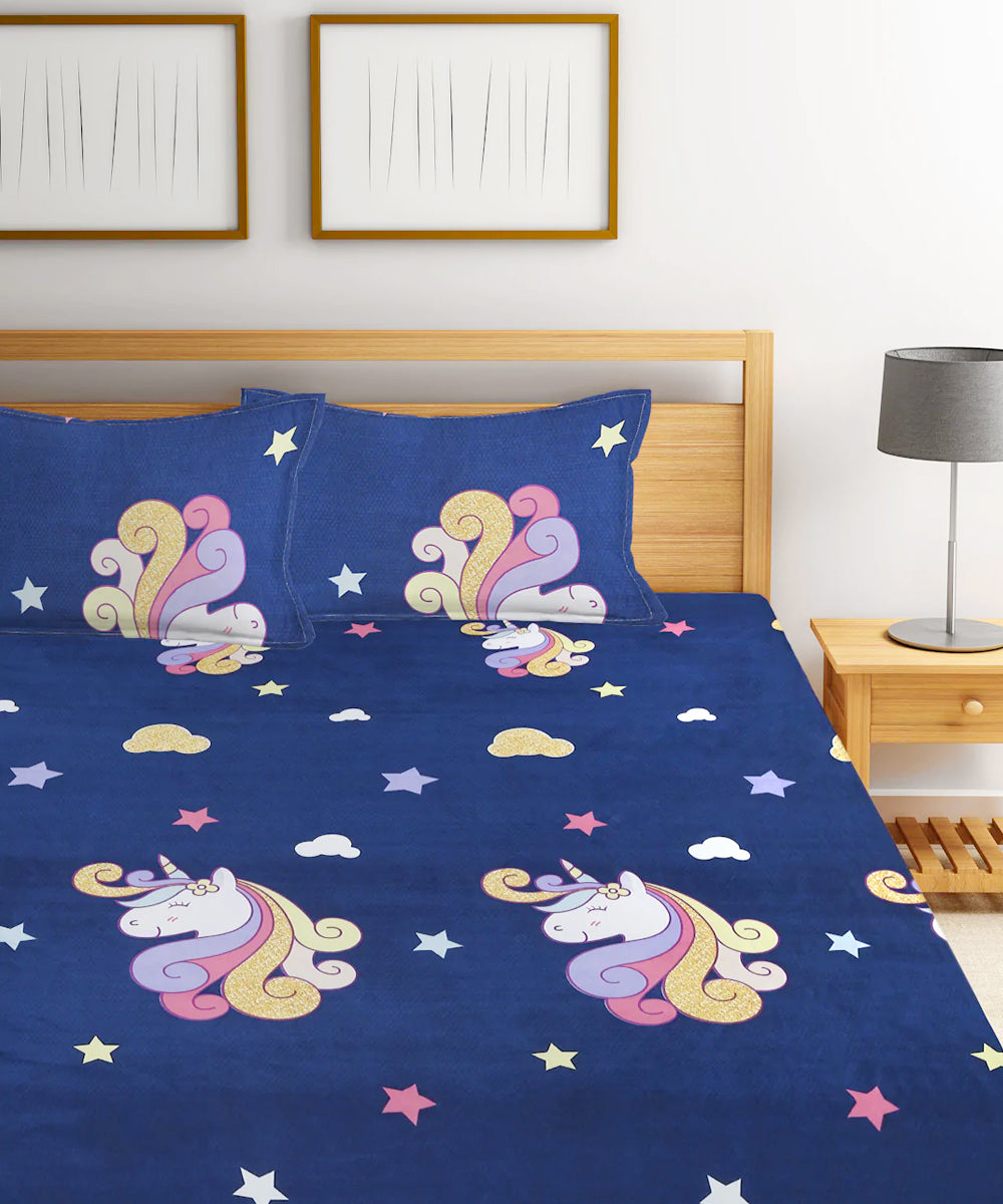 Unicorn Kids King Fitted Bedsheet With 2 Pilliow Covers