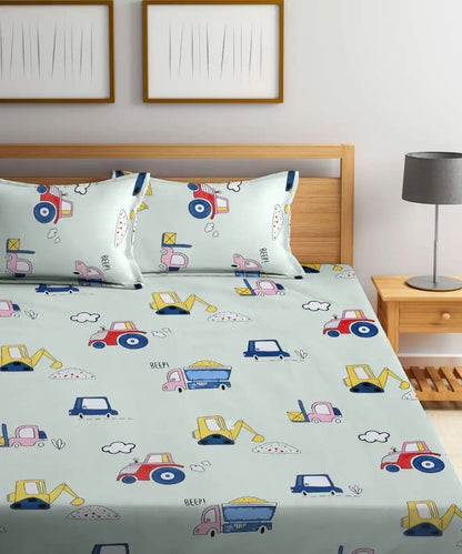Wheels on the Go Flat Double Bedsheet With 2 Pillow Cover
