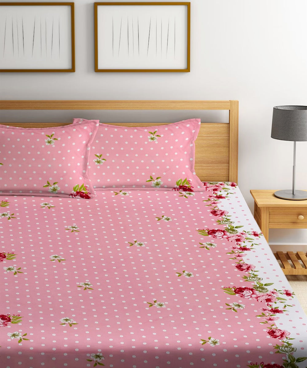 Pink & White Floral Queen Fitted Bedsheet With 2 Pillow Covers