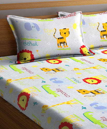 Jungle Safari Kids King Size Bedsheet with 2 Pillow Covers