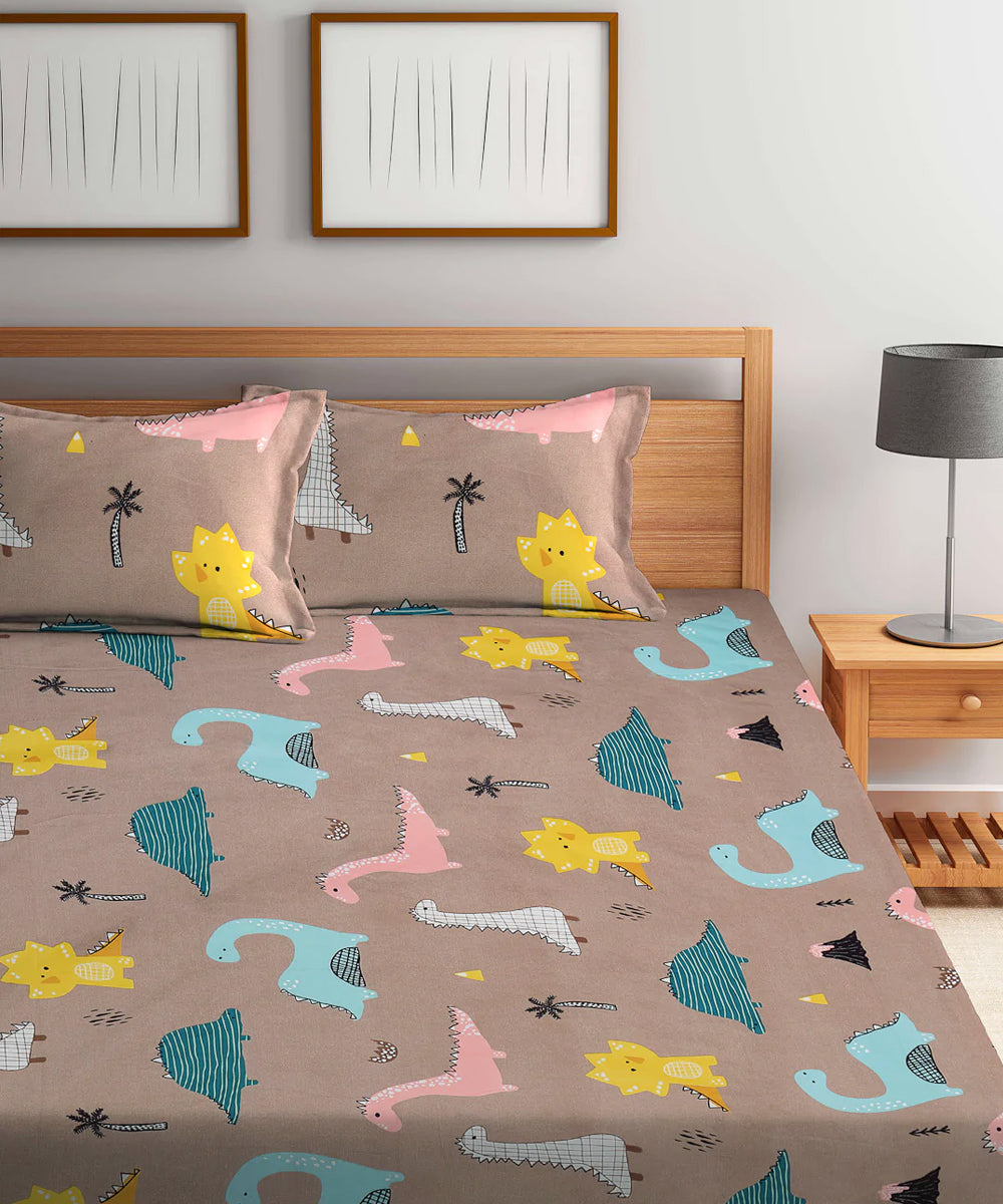 Cute Dinosaur Super King Fitted Bedsheet With 2 Pillow Covers