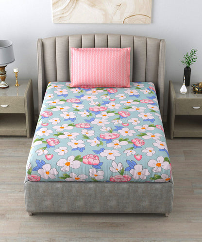 Green Floral Single Fitted Bedsheet With 1 Pillow Cover