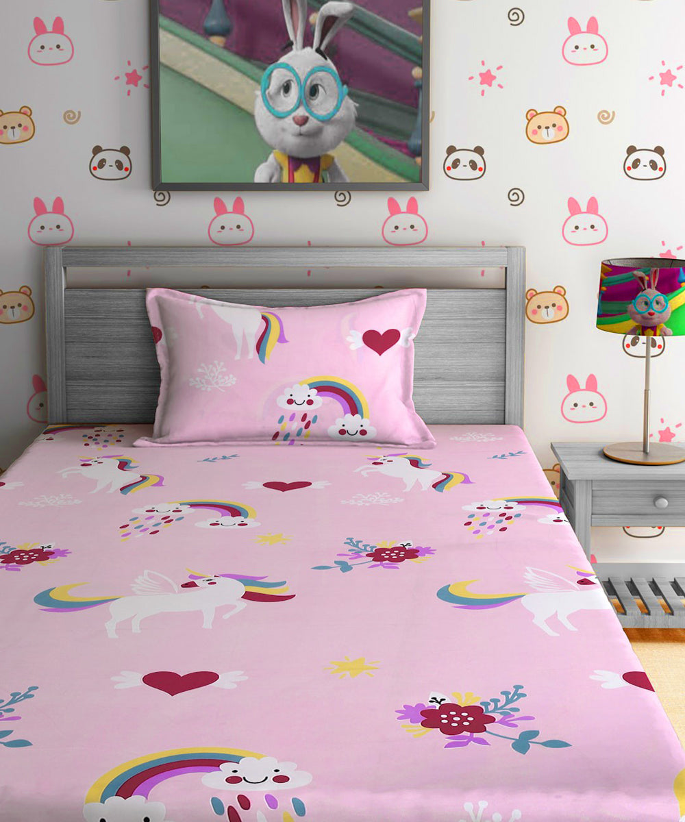 Unicorn Dreams Kids Single Bedsheet With 1 Pillow Cover