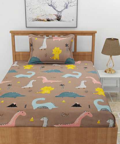Dino Wonderland Single Bedsheet With 1 Pillow Cover